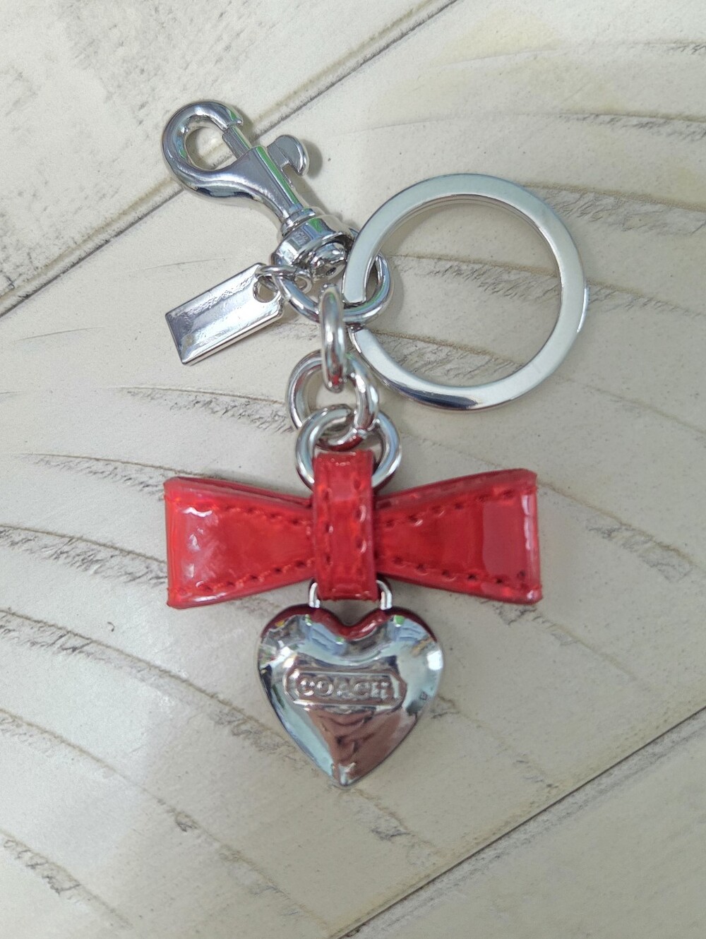 COACH Red Patent Leather Bow Metallic Heart Bag Charm Keychain Key Fob, NWOT